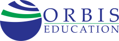 logo of circle with blue and green stripes as if it is a globe turning