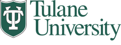 Tulane University logo with green shield on left with a T overtop of a U