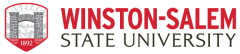 red winston-salem with black state university under. Shield to left with brick archway and outlined in red with 1892 underneath